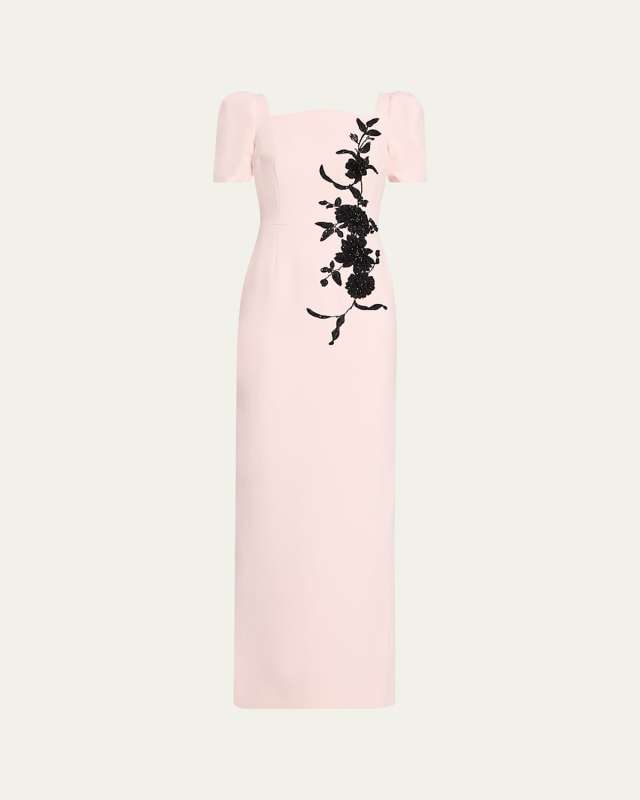 Floral Applique Crepe Column Gown